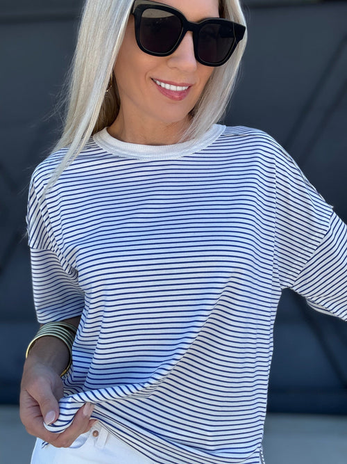 Basic Striped Drop Shoulder Top In Royal